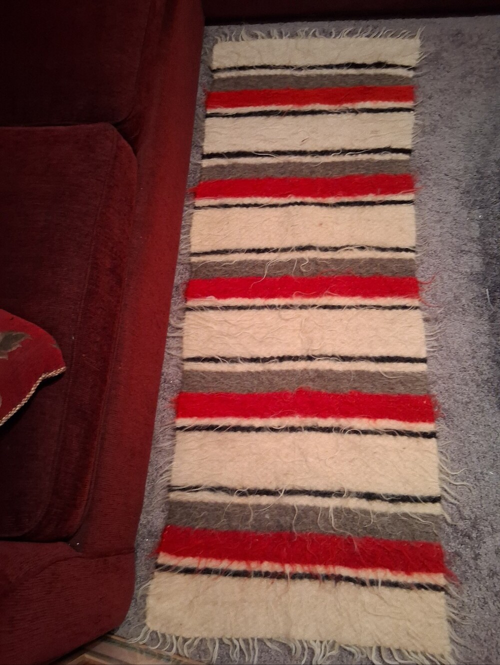 handwoven wool textile, likely vintage saddle blanket or tribal runner Unbranded
